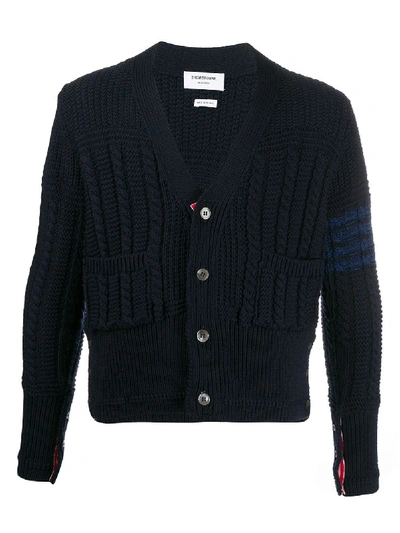 Shop Thom Browne Aran Cable 4-bar Cardigan In Blue