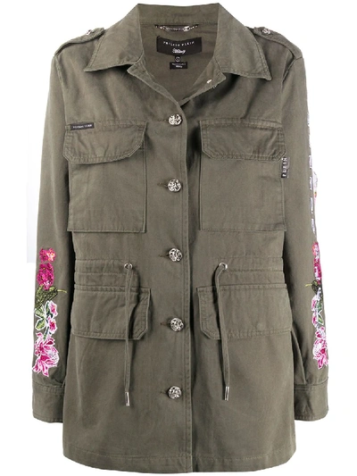 Shop Philipp Plein Floral-embroidered Parka Coat In Green