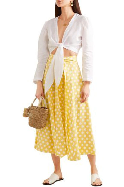 Shop Lisa Marie Fernandez Diana Belted Polka-dot Linen Midi Skirt In Yellow