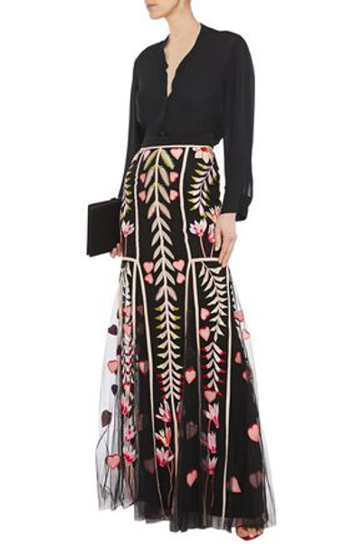 Shop Temperley London Rosy Grosgrain-trimmed Embroidered Tulle Maxi Skirt In Black
