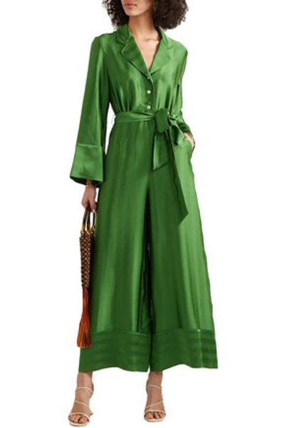 Shop Temperley London Gaia Belted Satin-jacquard Wide-leg Jumpsuit In Green