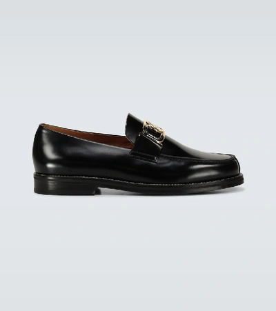 Shop Lanvin Swan Loafers With Logo Buckle In Black