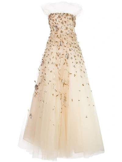 Shop Oscar De La Renta Sequin-embellished Gown In Neutrals