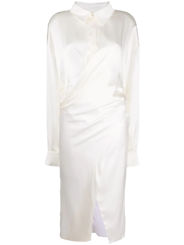white satin shirt dress