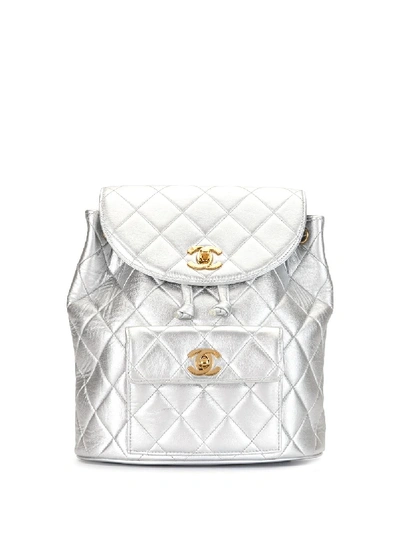 Pre-owned Chanel 1992 Diamond Quilted Drawstring Backpack In Silver
