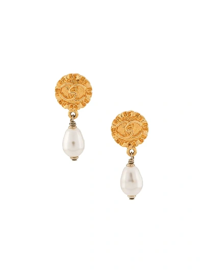 Pre-owned Chanel Faux Pearl Drop Earrings In Gold