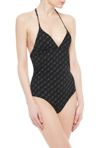 Shop Stella Mccartney Monogram Logo-print Halterneck Swimsuit In Black