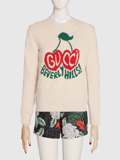 Shop Gucci Cherries Logo Intarsia Jumper In White