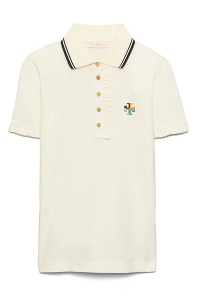 Shop Tory Burch Ruffle Cotton Pique Polo Shirt In New Ivory