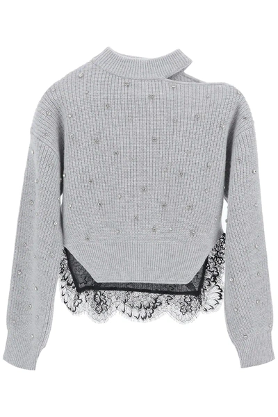 Shop Self-portrait Sweater With Crystals In Grey,black