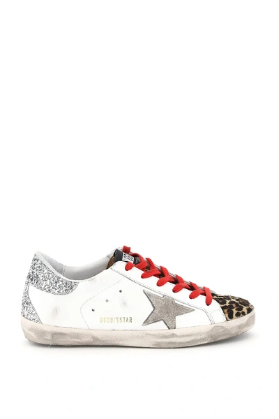 Shop Golden Goose Superstar Sneakers With Leopard Toe And Glitter Heel In White,beige,silver