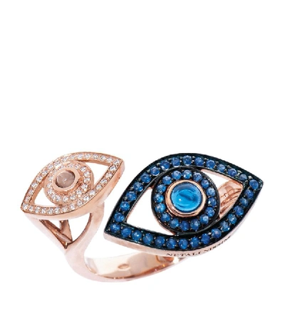 Shop Netali Nissim Rose Gold, Sapphire And Tsavorite Protected Double Eye Ring (one Size)