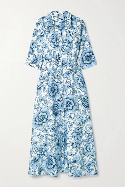 Shop Erdem Kasia Floral-print Linen Midi Dress In Sky Blue