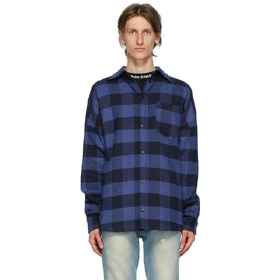 Shop Palm Angels Black And Blue Checked Overshirt Shirt In Blue Black