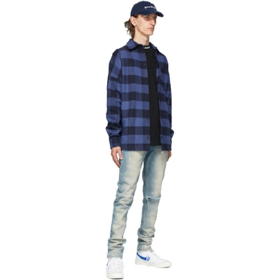 Shop Palm Angels Black And Blue Checked Overshirt Shirt In Blue Black