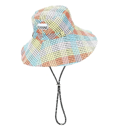 Shop Ganni Seersucker Check Cotton-blend Hat In Multicoloured