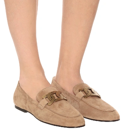 Shop Tod's Kate Suede Loafers In Beige