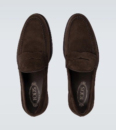 Shop Tod's Suede Penny Loafers In Brown