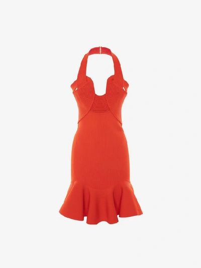 Shop Alexander Mcqueen Halterneck Rib Knit Mini Dress In Orange