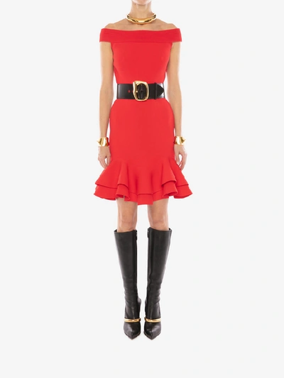 Shop Alexander Mcqueen Off-the-shoulder Knit Mini Dress In Lust Red