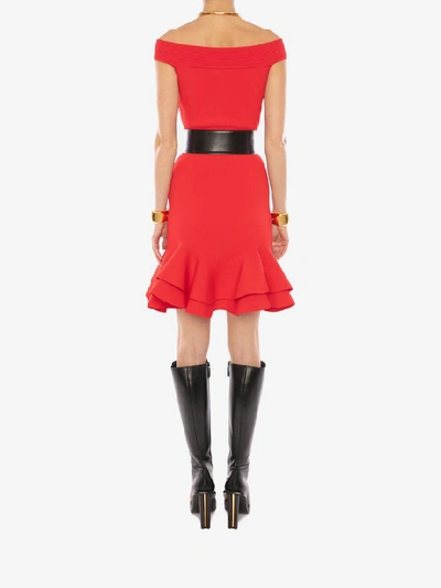 Shop Alexander Mcqueen Off-the-shoulder Knit Mini Dress In Lust Red