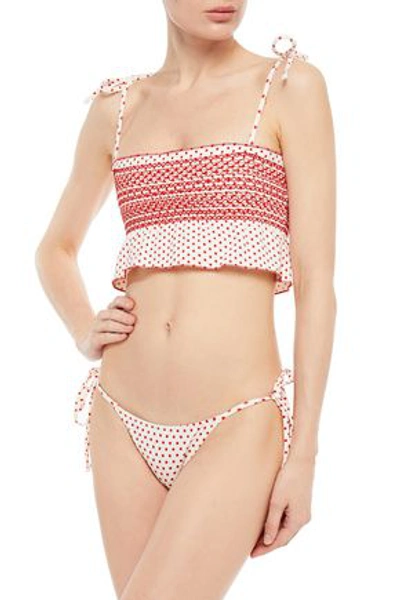 Shop Lisa Marie Fernandez Smocked Polka-dot Crepe Bikini In Cream