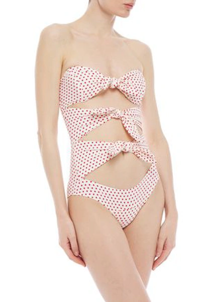 Shop Lisa Marie Fernandez Cutout Knotted Polka-dot Crepe Swimsuit In Cream