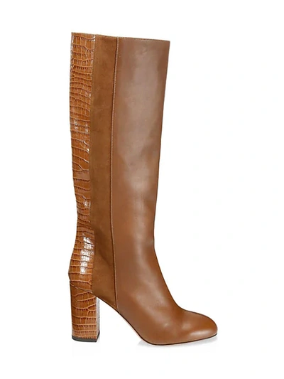 Shop Aquazzura Eaton Knee-high Croc-embossed Leather & Suede Boots In Cinnamon