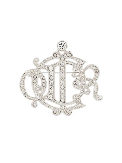 Pre-owned Dior 1980s   Rhinestone Logo Brooch In Silver