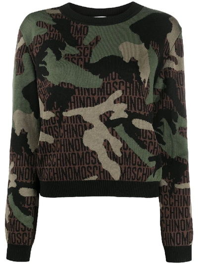 Shop Moschino Camouflage Knitted Jumper In Green