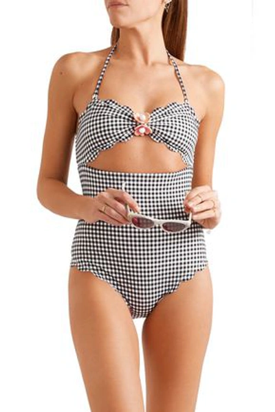 Shop Marysia Antibes Flower Cutout Scalloped Gingham Halterneck Swimsuit In Black