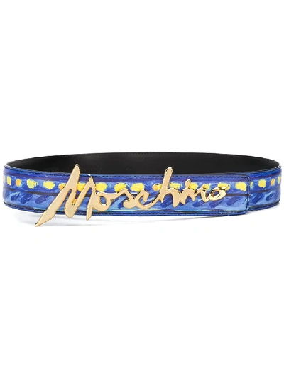 Shop Moschino Printed Lettering Belt In Blue