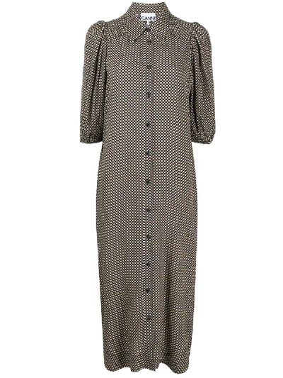 Shop Ganni Grid Pattern Shirt Dress In Brown