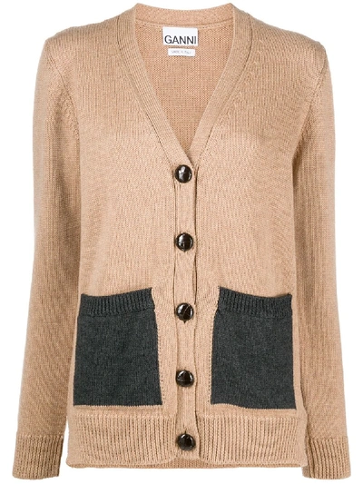 Shop Ganni Contrast Pocket Cardigan In Brown