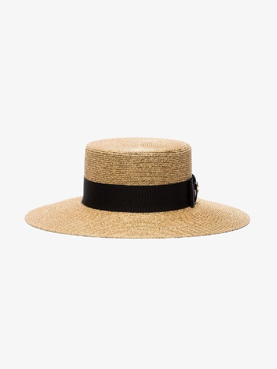 Shop Gucci Neutral Straw Boater Hat In Brown