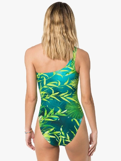 Shop Versace Jungle Print One Shoulder Swimsuit In Blue