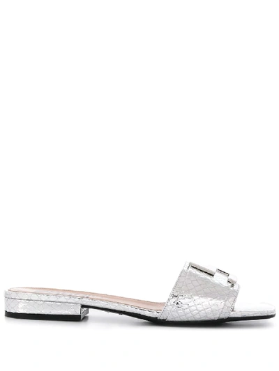 Shop Sergio Rossi Logo Plaque Sandals In Silver