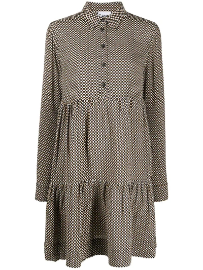 Shop Ganni Checked Shirt Flared Dress In Brown