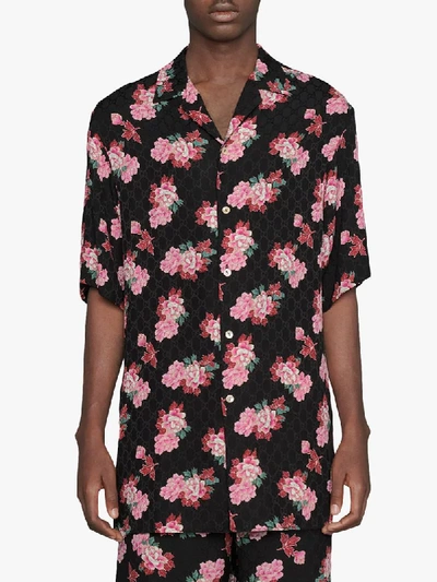 Shop Gucci Peony-print Bowling Shirt In Black