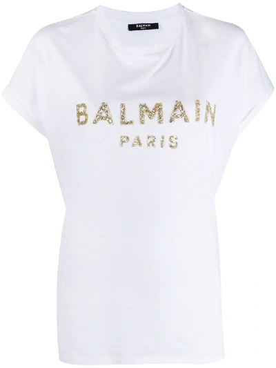 Shop Balmain Beaded-logo T-shirt In White