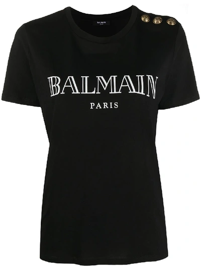 Shop Balmain Logo-print Decorative-button T-shirt In Black