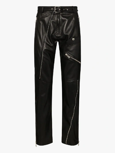 Shop Versace Black Zip Detail Leather Trousers