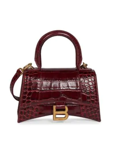 Shop Balenciaga Extra-small Hourglass Croc-embossed Leather Top Handle Bag In Dark Red