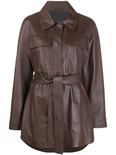 Shop Brunello Cucinelli Belted Leather Jacket In Brown
