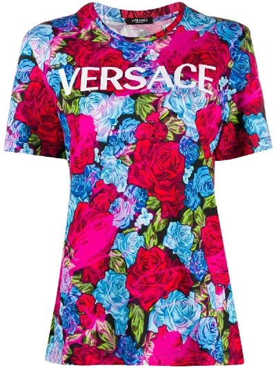 Shop Versace Rose-print Slim-fit T-shirt In Blue