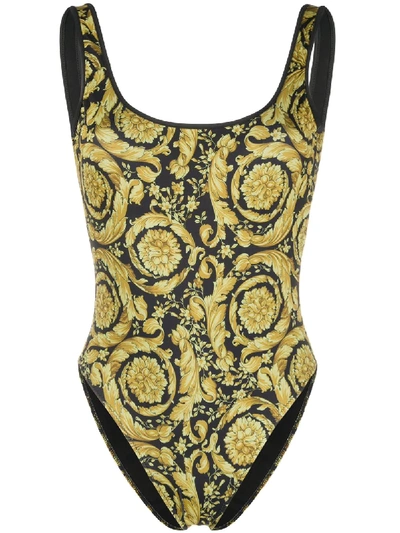 Shop Versace Barocco Print Swimsuit In Gold