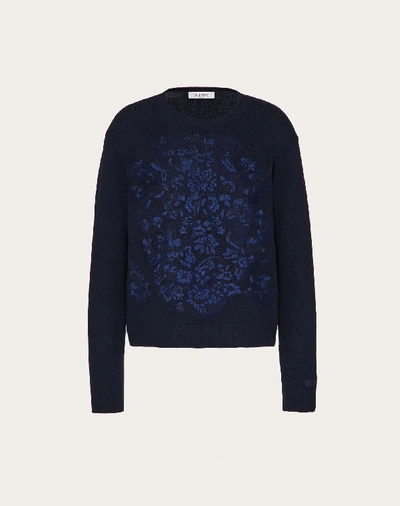 Shop Valentino Embroidered Cashmere Wool Sweater In Navy