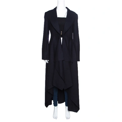 Pre-owned Celine Navy Blue Wool Buckle Detail Draped Long Coat L