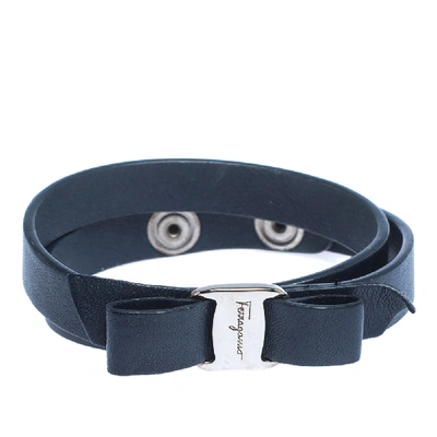 Pre-owned Ferragamo Vara Bow Navy Blue Leather Silver Tone Double Wrap Bracelet