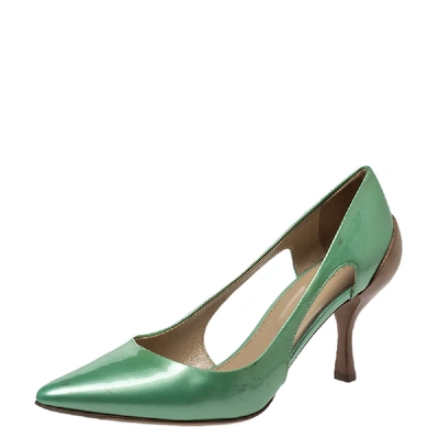 Pre-owned Sergio Rossi Green Patent And Brown Leather Cut Out Pumps Size 38